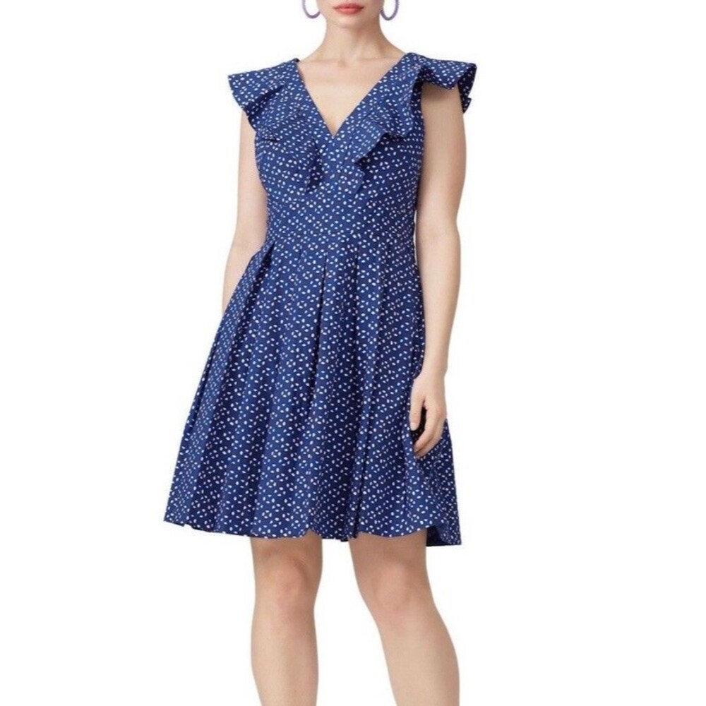 Kate Spade Dress Size 0 Mini V Neck Geo Dot Poplin Fit And Flare Blue - Picture 2 of 9